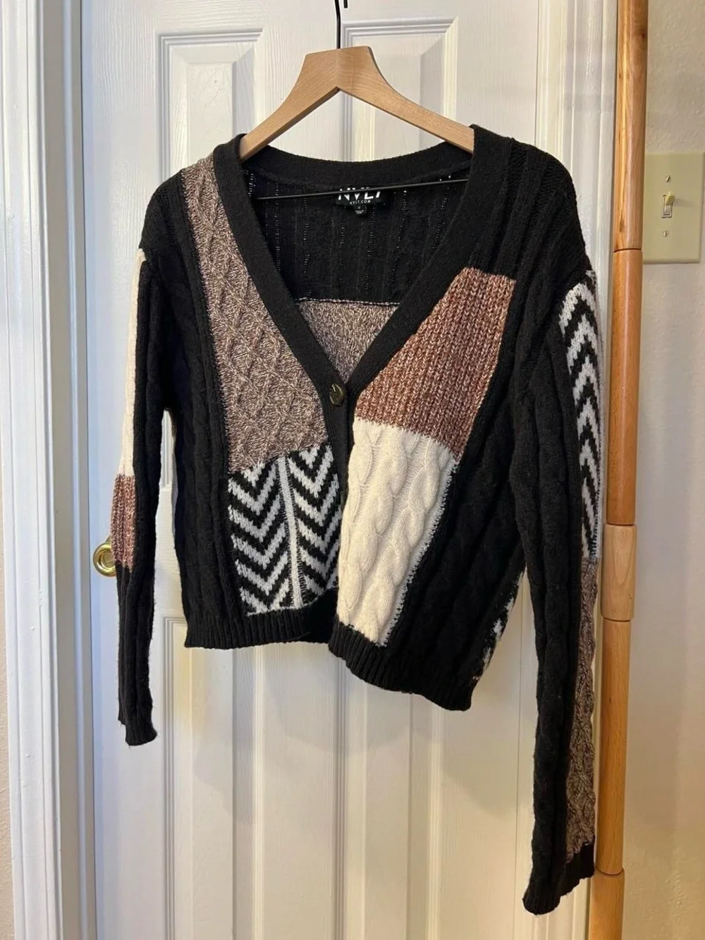 NVLT Black Patchwork Cable-Knit V-Neck Cardigan with Cream & Brown Panels